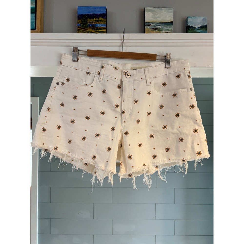 Pilcro Anthropologie Slim Boyfriend Embroidered Denim Shorts White Floral 32